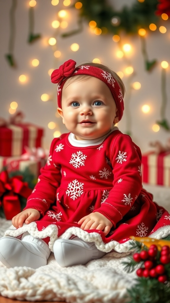 Adorable Christmas Dress for Baby Girl A baby girl in a Christmas dress with snowflakes, sitting on a blanket with holiday decorations.